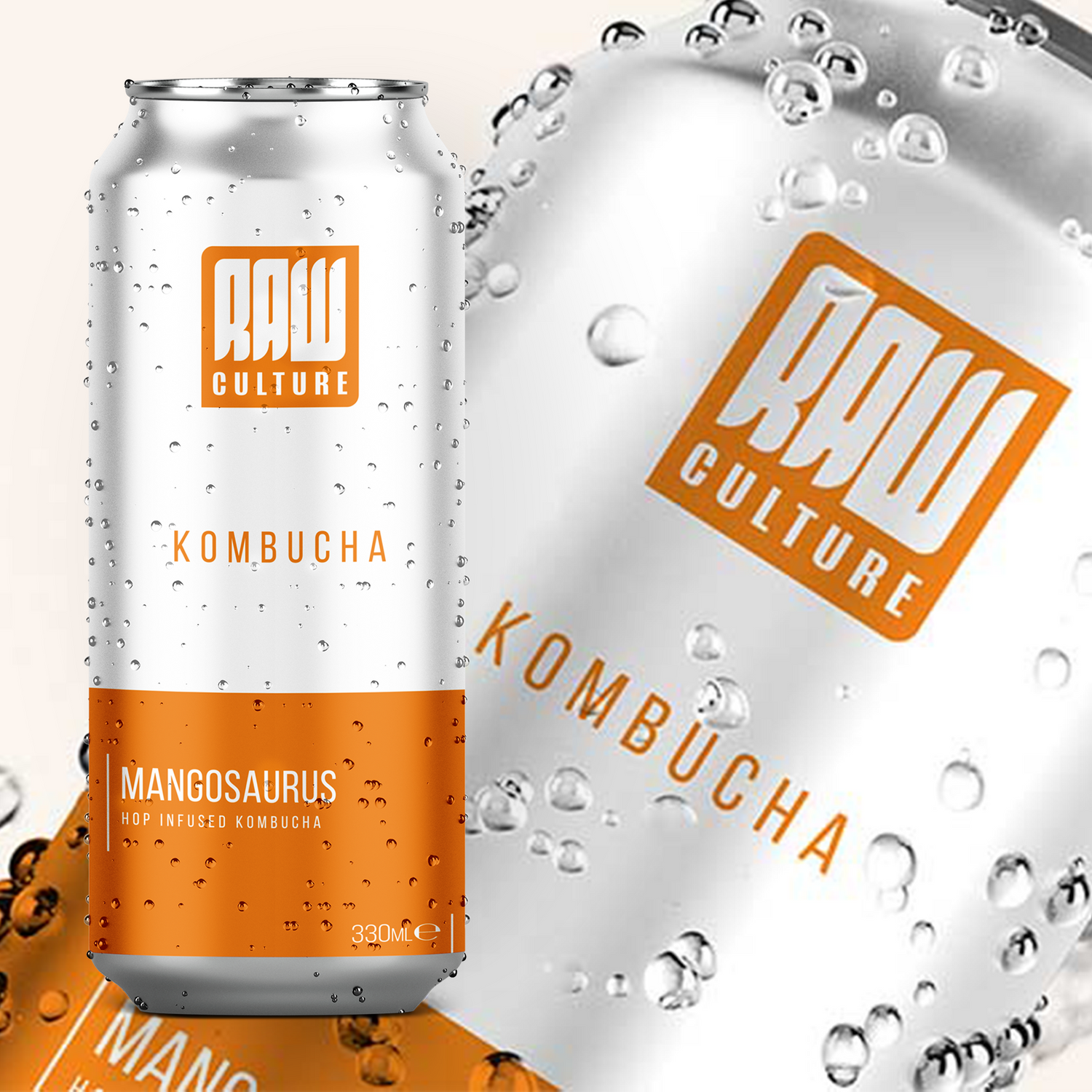 an ice cold can of Raw Culture Mangosaurus Kombucha with condensation on the can